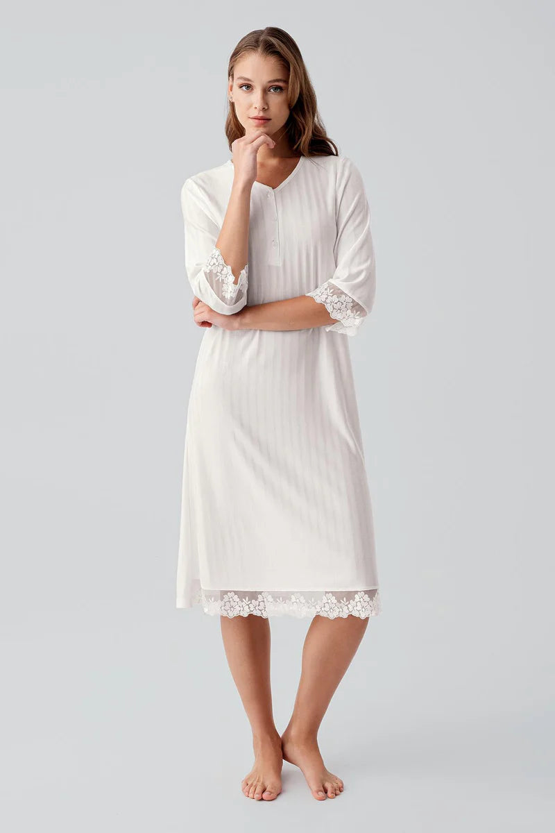 Elbow-Length Lace Sleeve Maternity & Nursing Nightgown Ecru - 19107