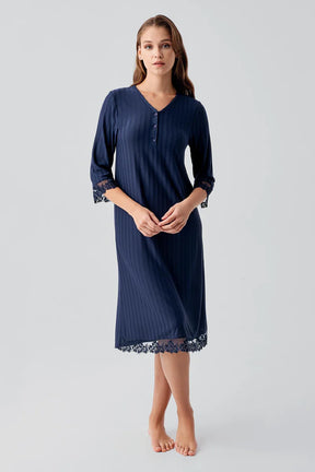 Elbow-Length Lace Sleeve Maternity & Nursing Nightgown Navy Blue - 19107