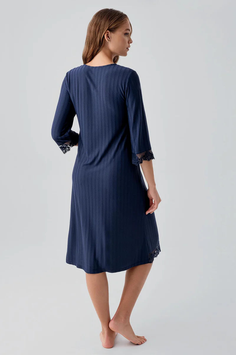 Elbow-Length Lace Sleeve Maternity & Nursing Nightgown Navy Blue - 19107