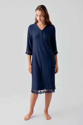 Elbow-Length Lace Sleeve Maternity & Nursing Nightgown Navy Blue - 19107