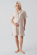 Striped Woven Cotton Maternity & Nursing Nightgown Beige - 19108