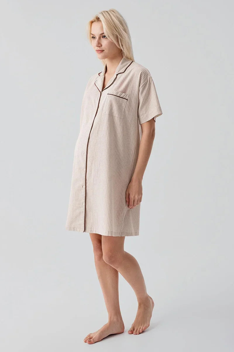 Striped Woven Cotton Maternity & Nursing Nightgown Beige - 19108