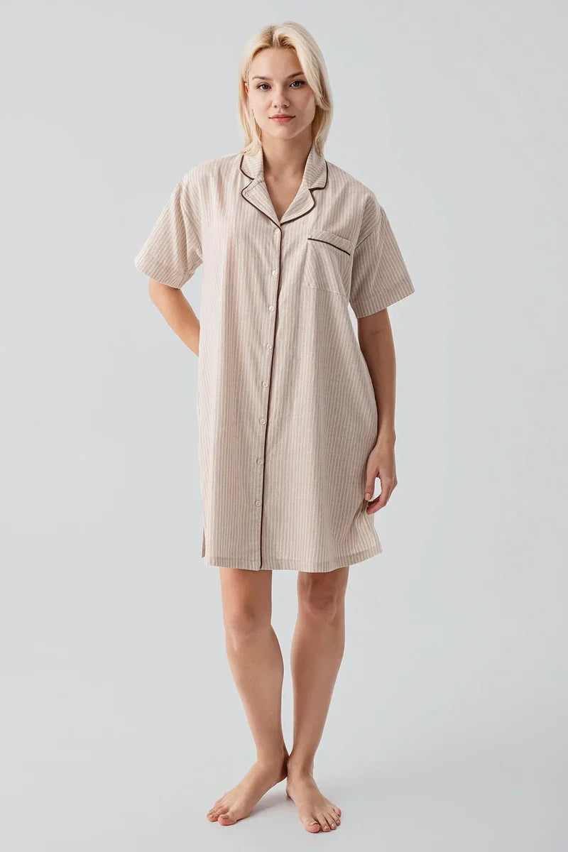 Striped Woven Cotton Maternity & Nursing Nightgown Beige - 19108