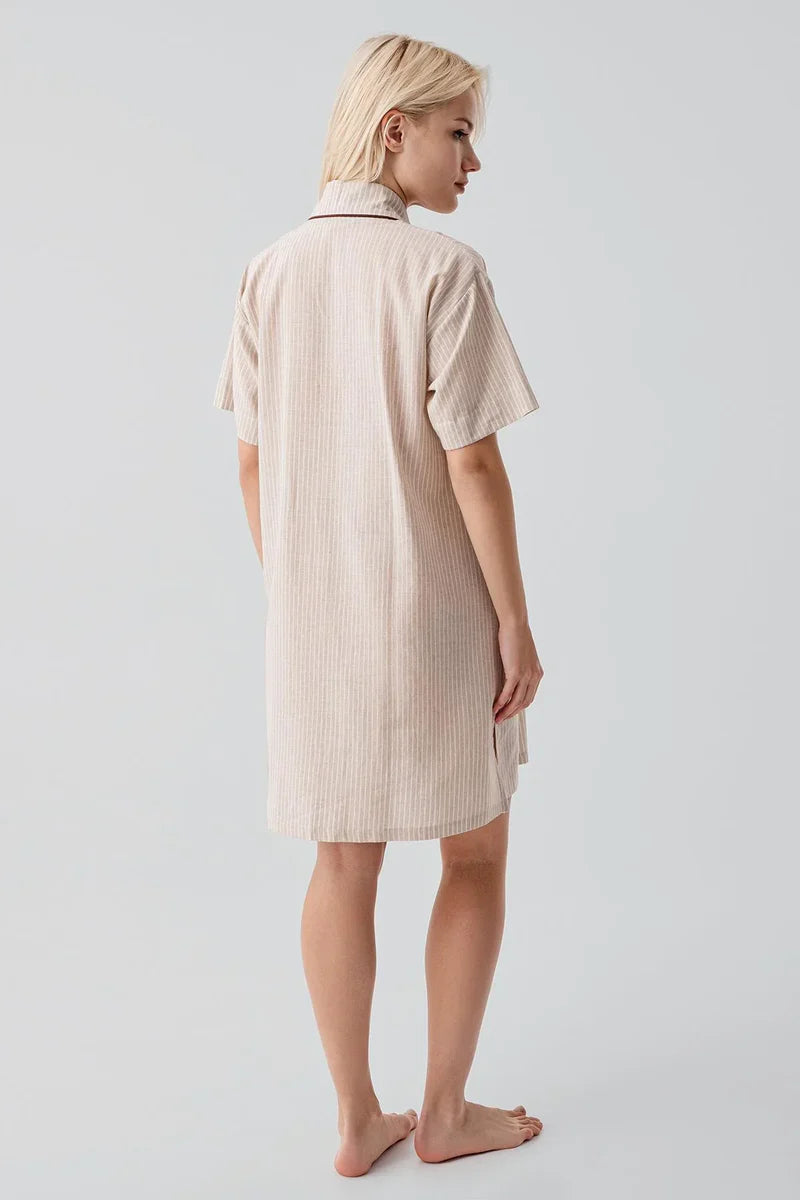 Striped Woven Cotton Maternity & Nursing Nightgown Beige - 19108