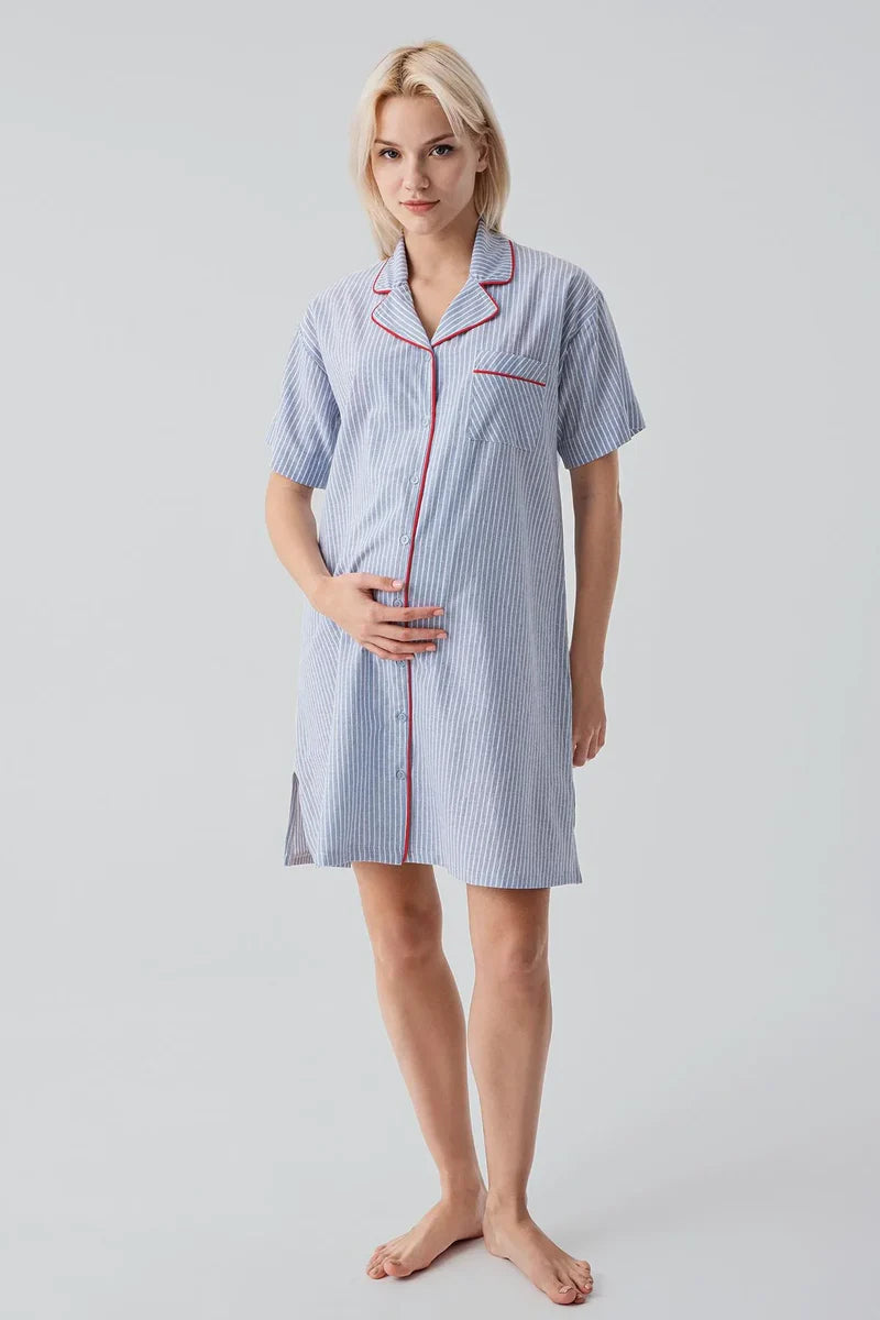 Striped Woven Cotton 4-Piece Maternity-Nursing Set Blue - 308108