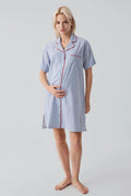 Striped Woven Cotton Maternity & Nursing Nightgown Blue - 19108