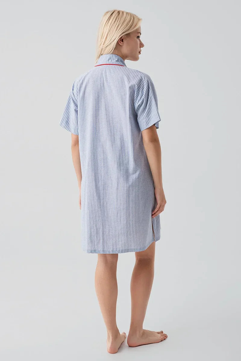 Striped Woven Cotton Maternity & Nursing Nightgown Blue - 19108