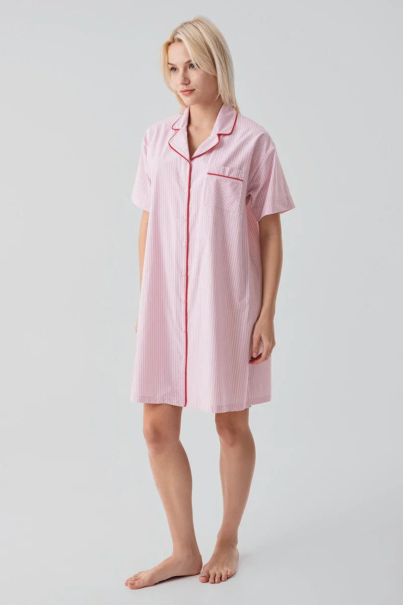 Striped Woven Cotton Maternity & Nursing Nightgown Pink - 19108