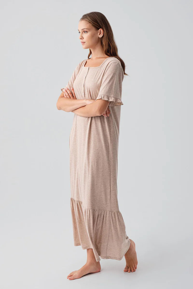 Pleated Sleeve Maternity & Nursing Nightgown Coffee - 19117