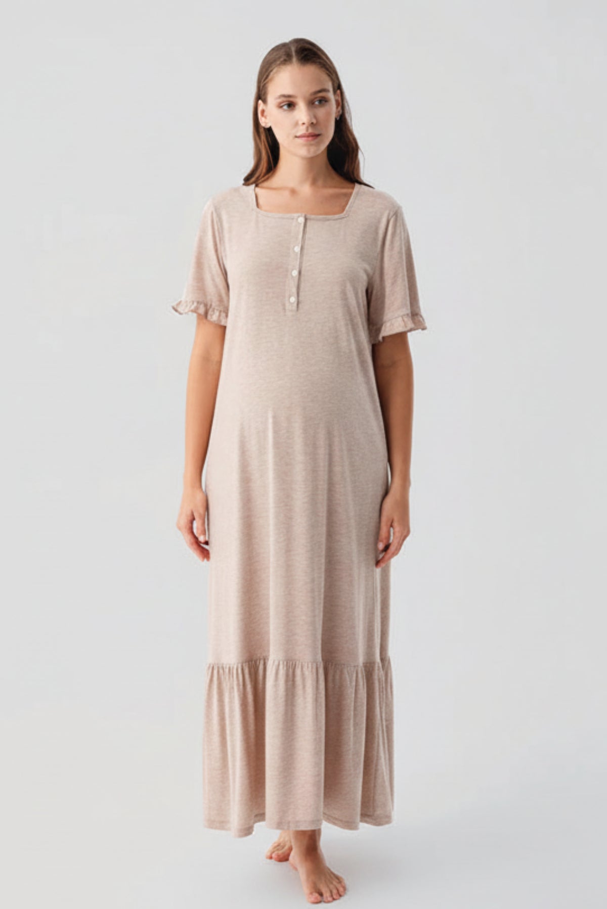 Pleated Sleeve Maternity & Nursing Nightgown Coffee - 19117