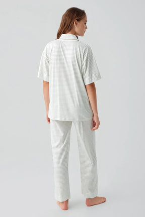 Gingham Check Cotton Maternity & Nursing Pajama Set Green - 19201