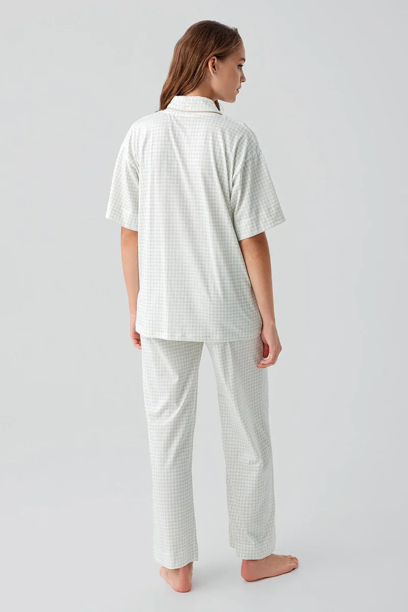 Gingham Check Cotton Maternity & Nursing Pajama Set Green - 19201