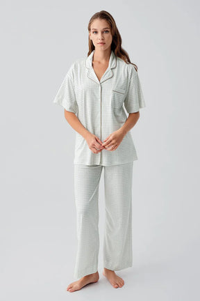Gingham Check Cotton Maternity & Nursing Pajama Set Green - 19201
