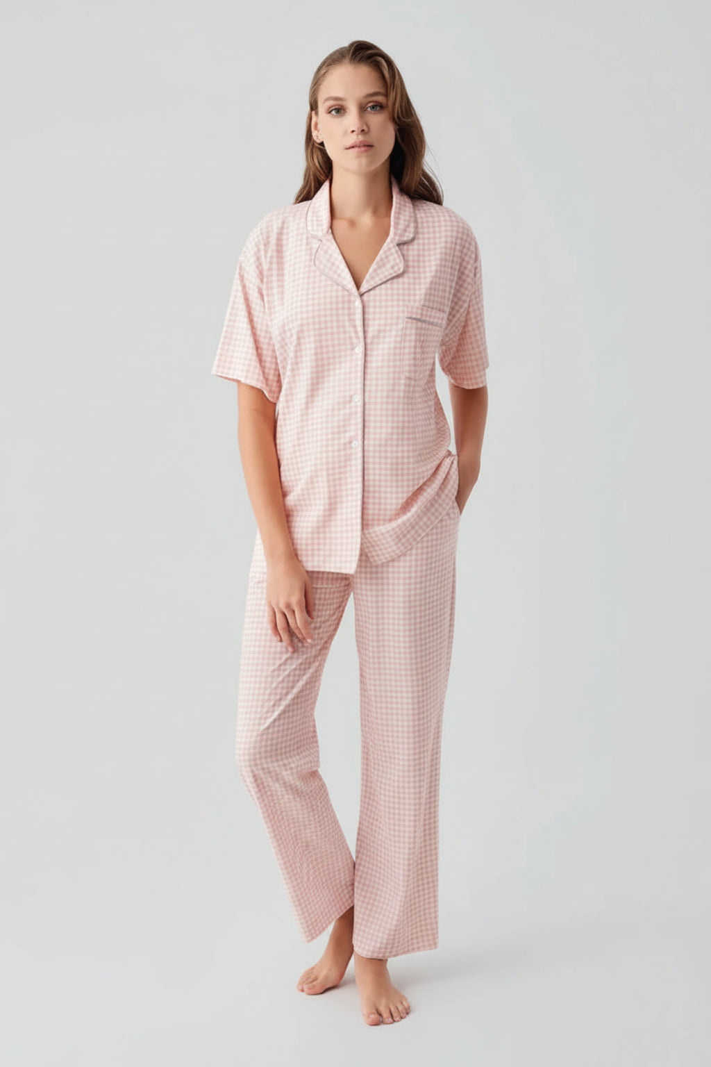 Gingham Check Cotton Maternity & Nursing Pajama Set Salmon - 19201