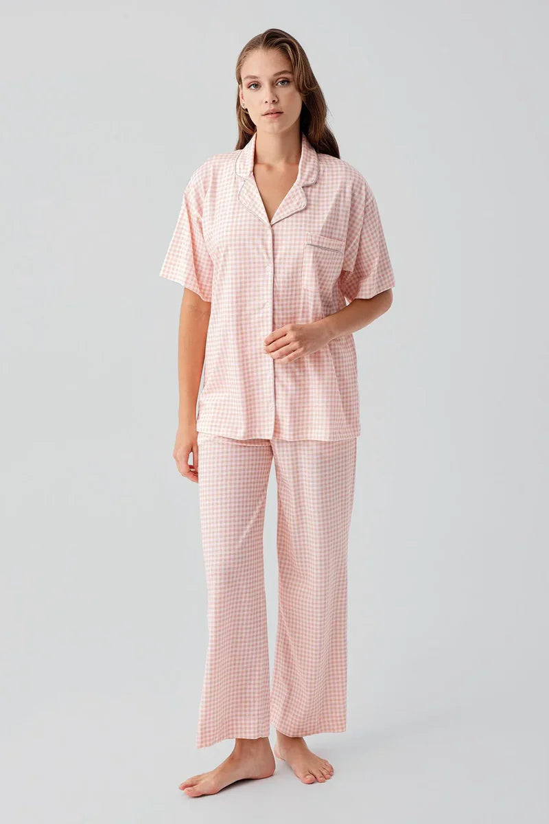 Gingham Check Cotton Maternity & Nursing Pajama Set Salmon - 19201