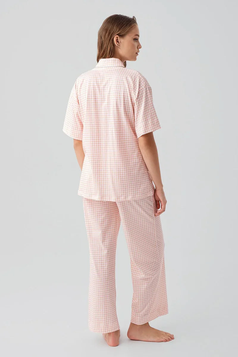 Gingham Check Cotton Maternity & Nursing Pajama Set Salmon - 19201