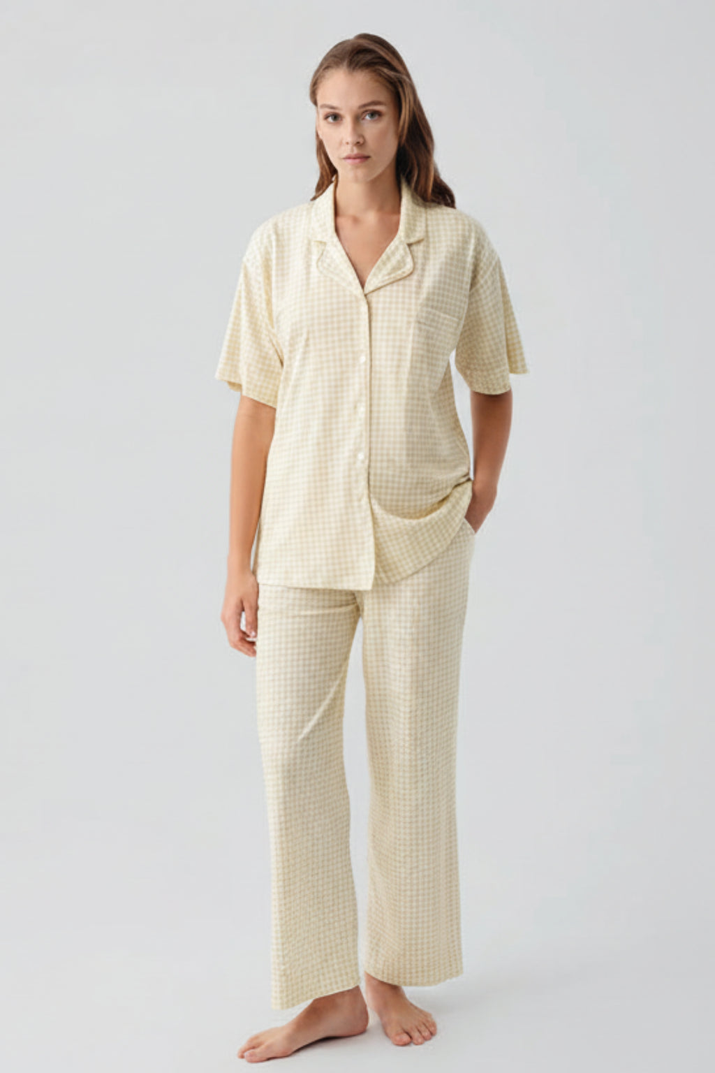 Gingham Check Cotton Maternity & Nursing Pajama Set Yellow - 19201