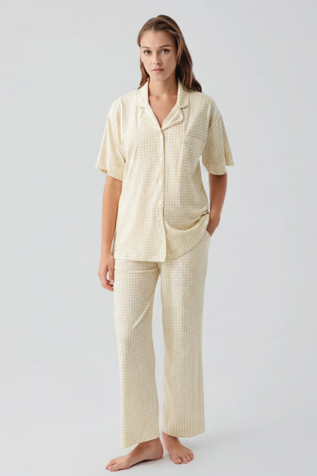 Gingham Check Cotton Maternity & Nursing Pajama Set Yellow - 19201