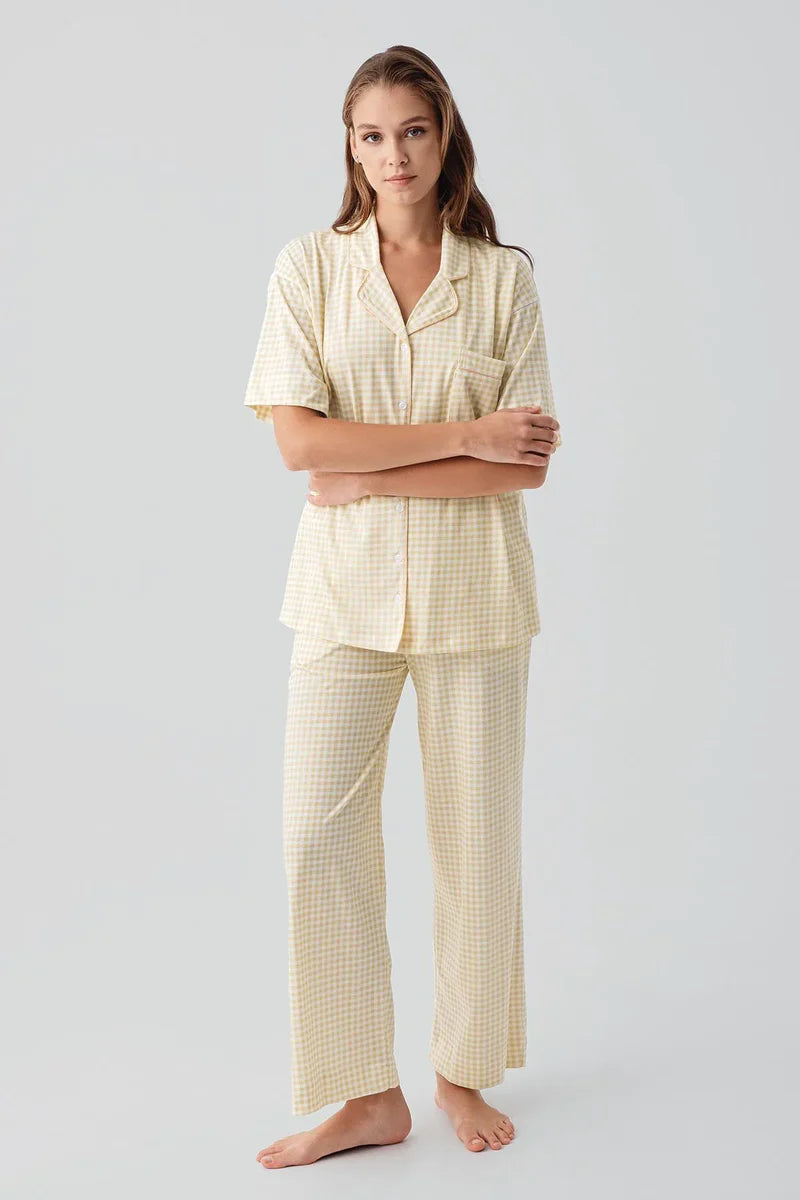 Gingham Check Cotton Maternity & Nursing Pajama Set Yellow - 19201