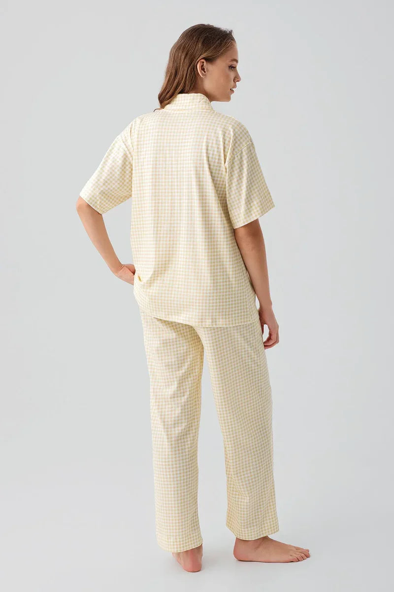 Gingham Check Cotton Maternity & Nursing Pajama Set Yellow - 19201