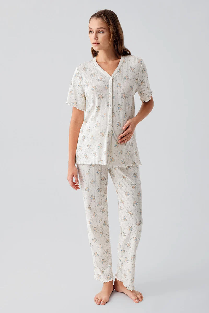 Floral Pointelle Cotton Maternity Feeding-Friendly Pajama Set Ecru - S19203