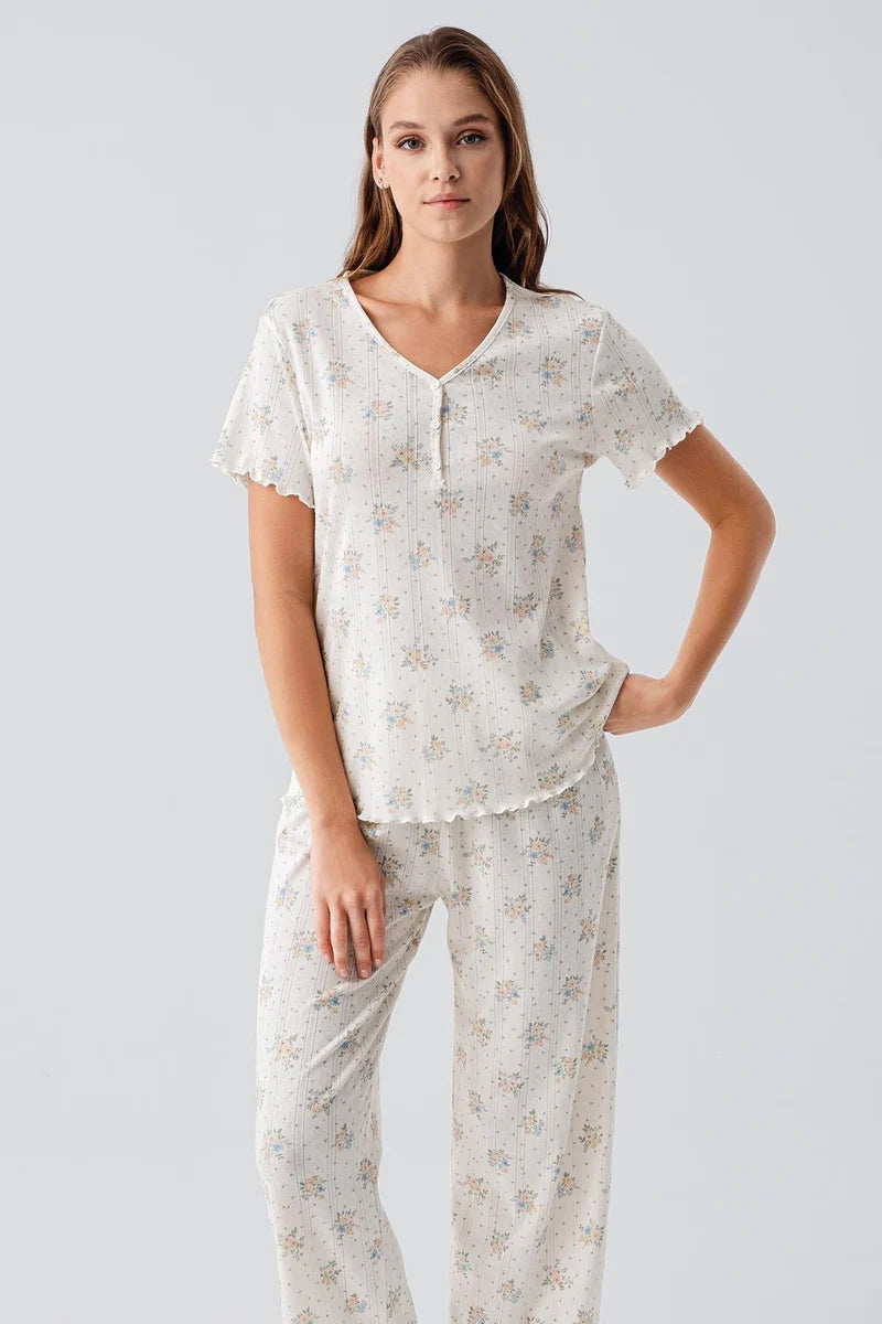 Floral Pointelle Cotton Maternity Feeding-Friendly Pajama Set Ecru - S19203