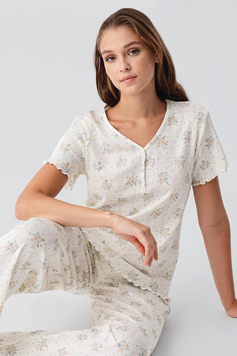 Floral Pointelle Cotton Maternity Feeding-Friendly Pajama Set Ecru - S19203