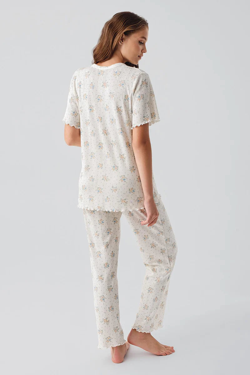 Floral Pointelle Cotton Maternity Feeding-Friendly Pajama Set Ecru - S19203
