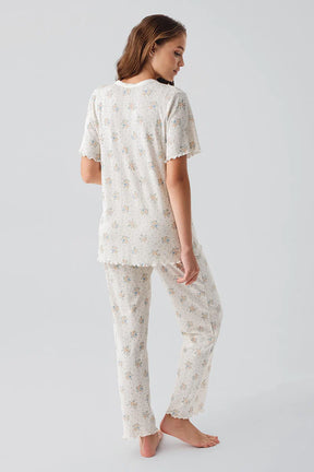 Floral Pointelle Cotton Maternity & Nursing Pajama Set Ecru - 19203