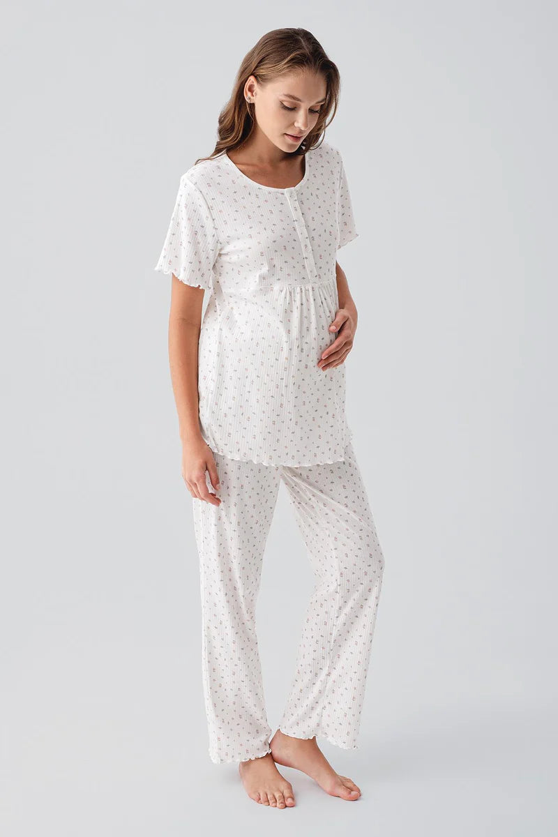 Patterned Pleated Cotton Maternity & Nursing Pajama Set Ecru - 19206