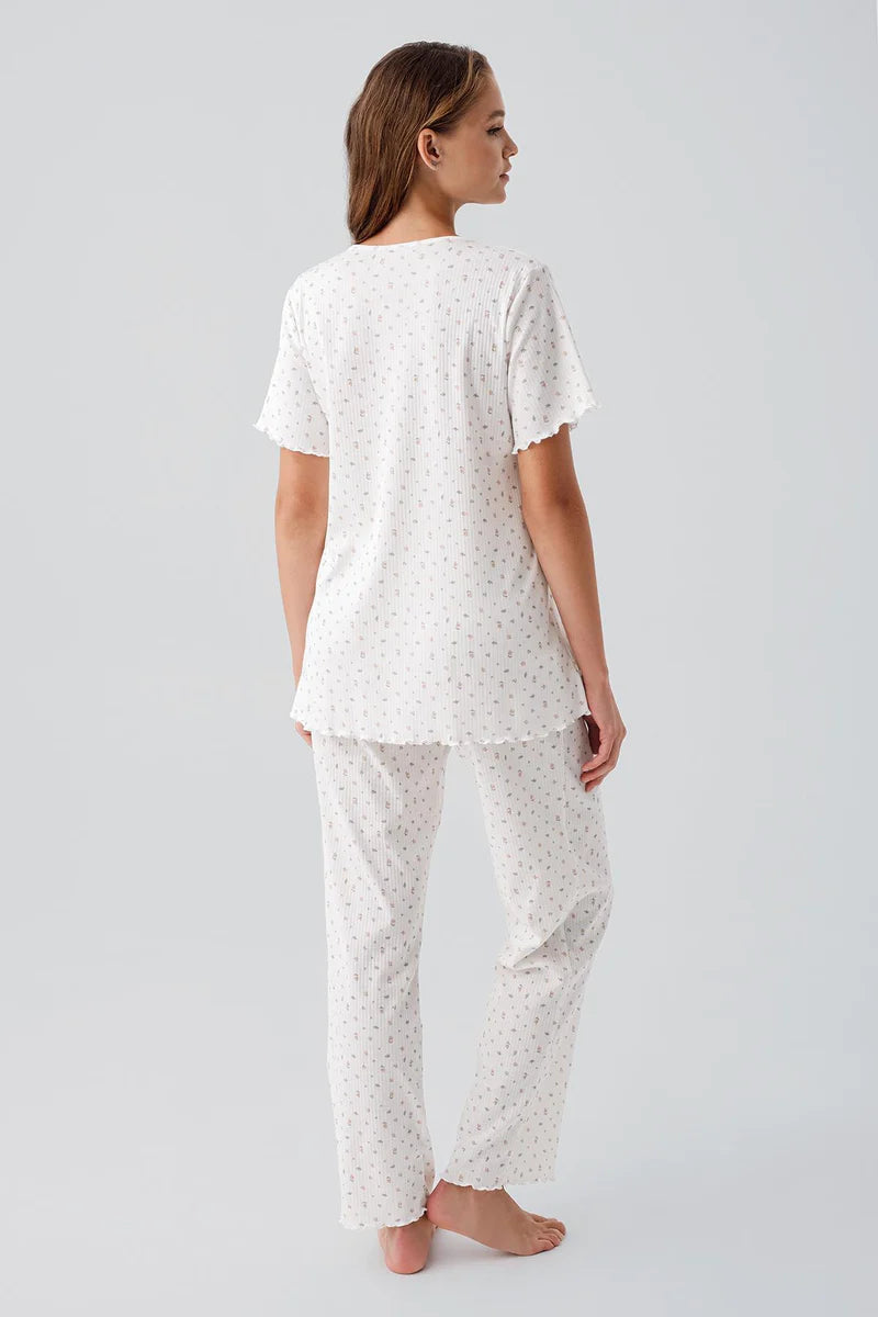 Patterned Pleated Cotton Maternity & Nursing Pajama Set Ecru - 19206