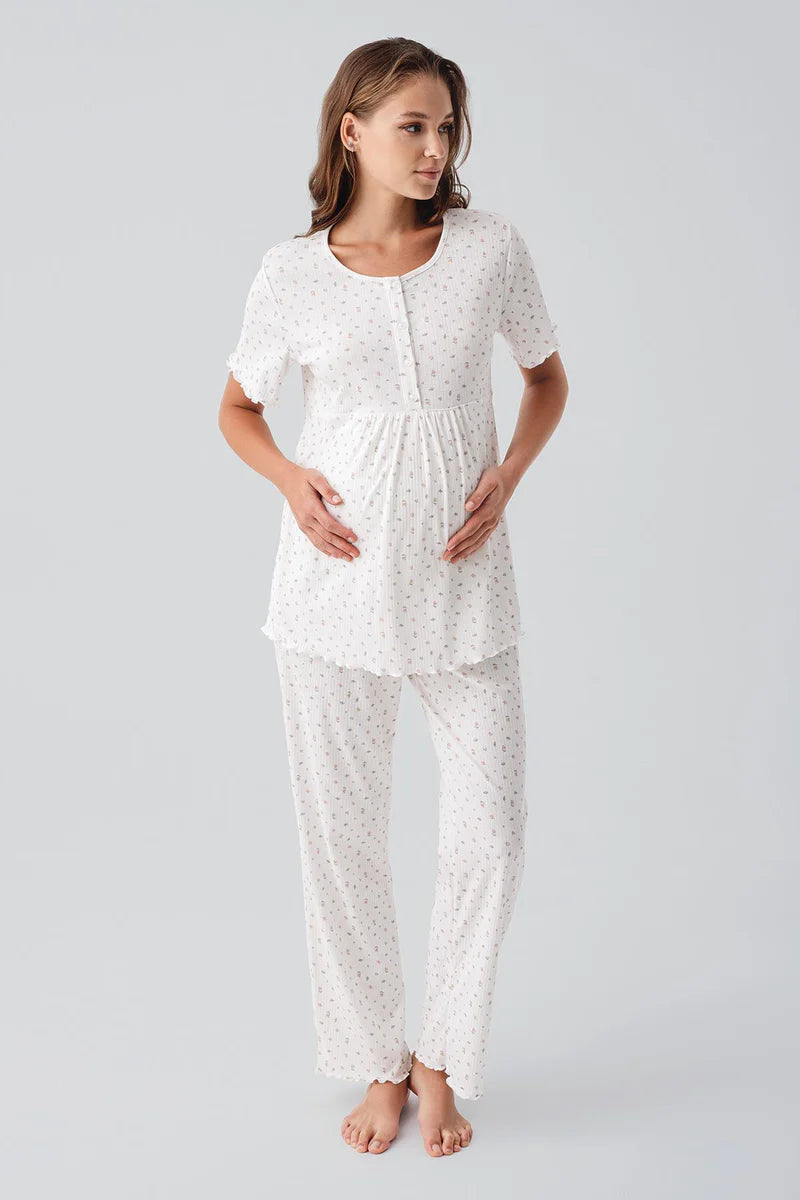 Patterned Pleated Cotton Maternity & Nursing Pajama Set Ecru - 19206