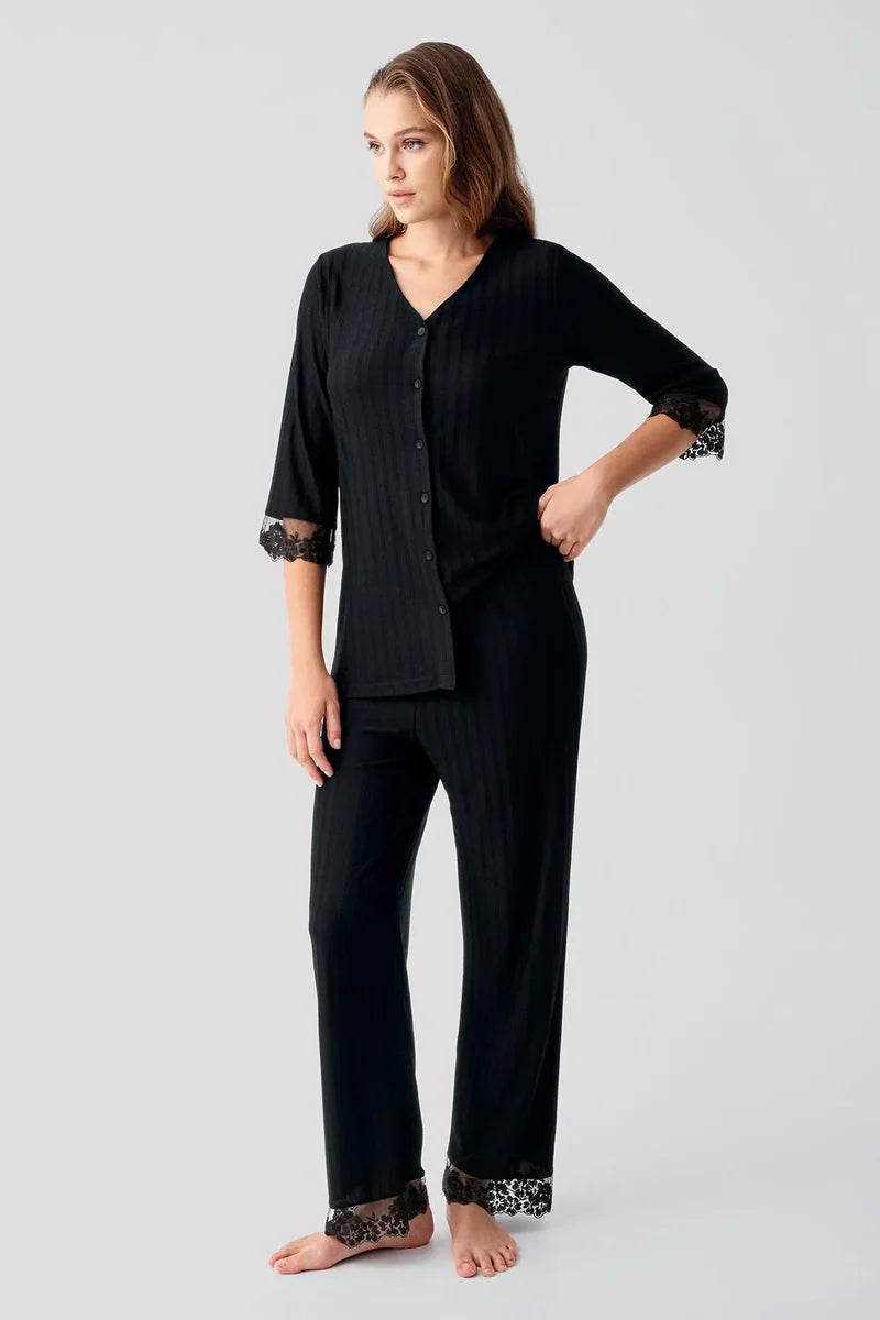 Elbow-Length Lace Sleeve Maternity & Nursing Pajama Set Black - 19207