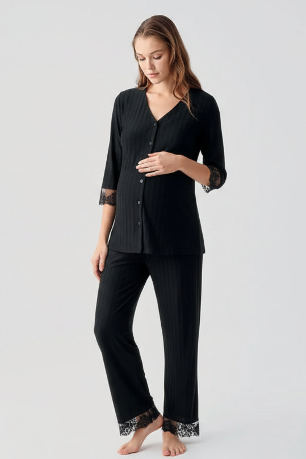 Elbow-Length Lace Sleeve Maternity & Nursing Pajama Set Black - 19207