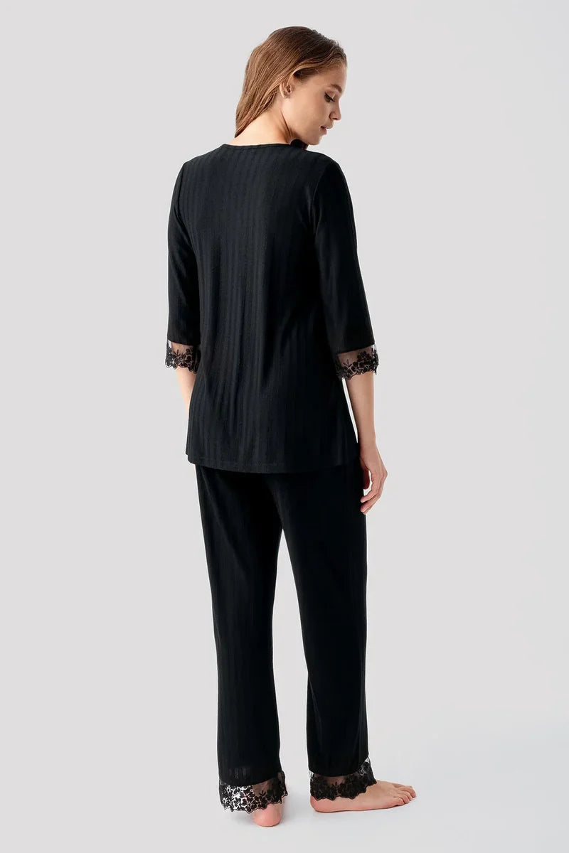 Elbow-Length Lace Sleeve Maternity & Nursing Pajama Set Black - 19207