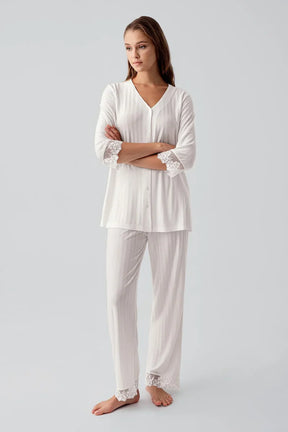 Elbow-Length Lace Sleeve Maternity & Nursing Pajama Set Ecru - 19207