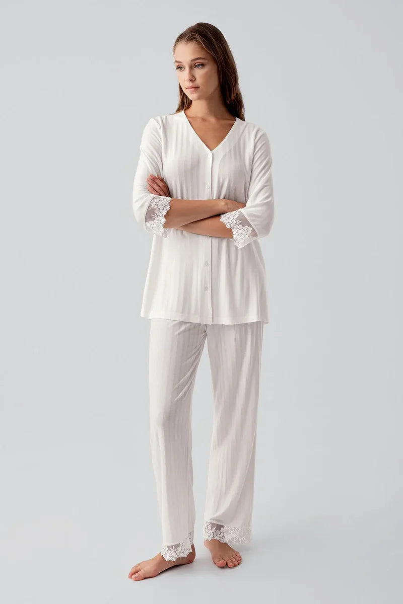 Elbow-Length Lace Sleeve Maternity & Nursing Pajama Set Ecru - 19207