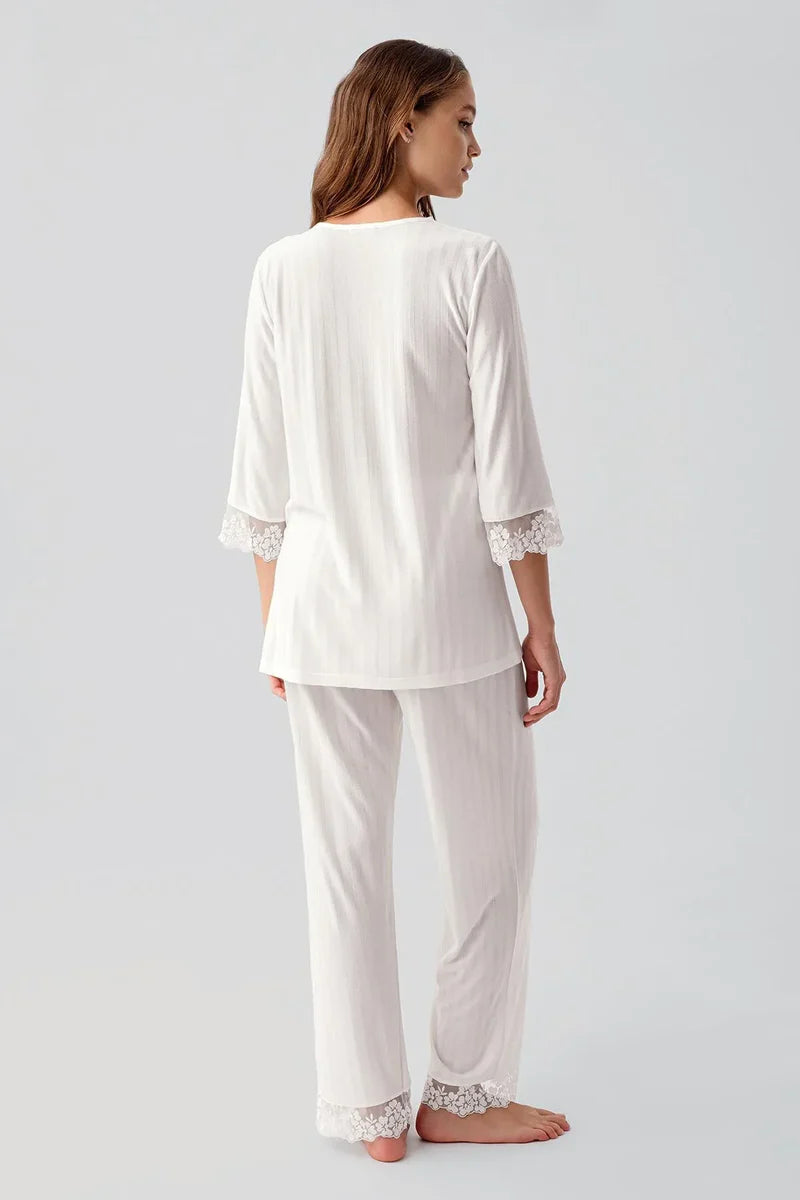 Elbow-Length Lace Sleeve Maternity & Nursing Pajama Set Ecru - 19207