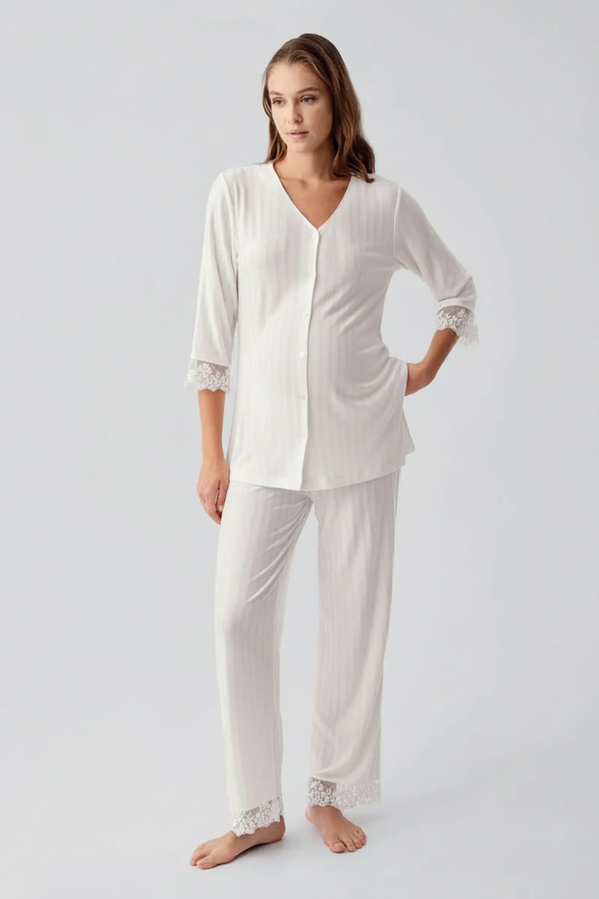 Elbow-Length Lace Sleeve Maternity & Nursing Pajama Set Ecru - 19207