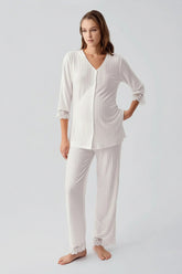 Elbow-Length Lace Sleeve Maternity & Nursing Pajama Set Ecru - 19207