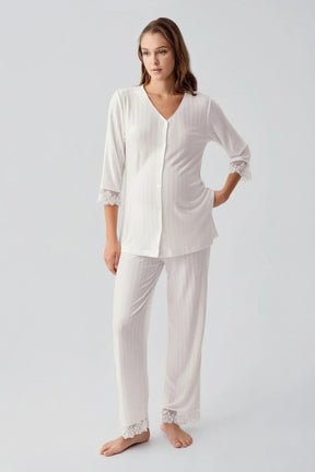 Elbow-Length Lace Sleeve Maternity & Nursing Pajama Set Ecru - 19207