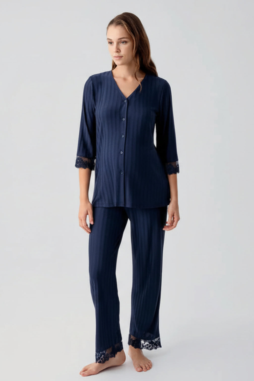 Elbow-Length Lace Sleeve Maternity & Nursing Pajama Set Navy Blue - 19207