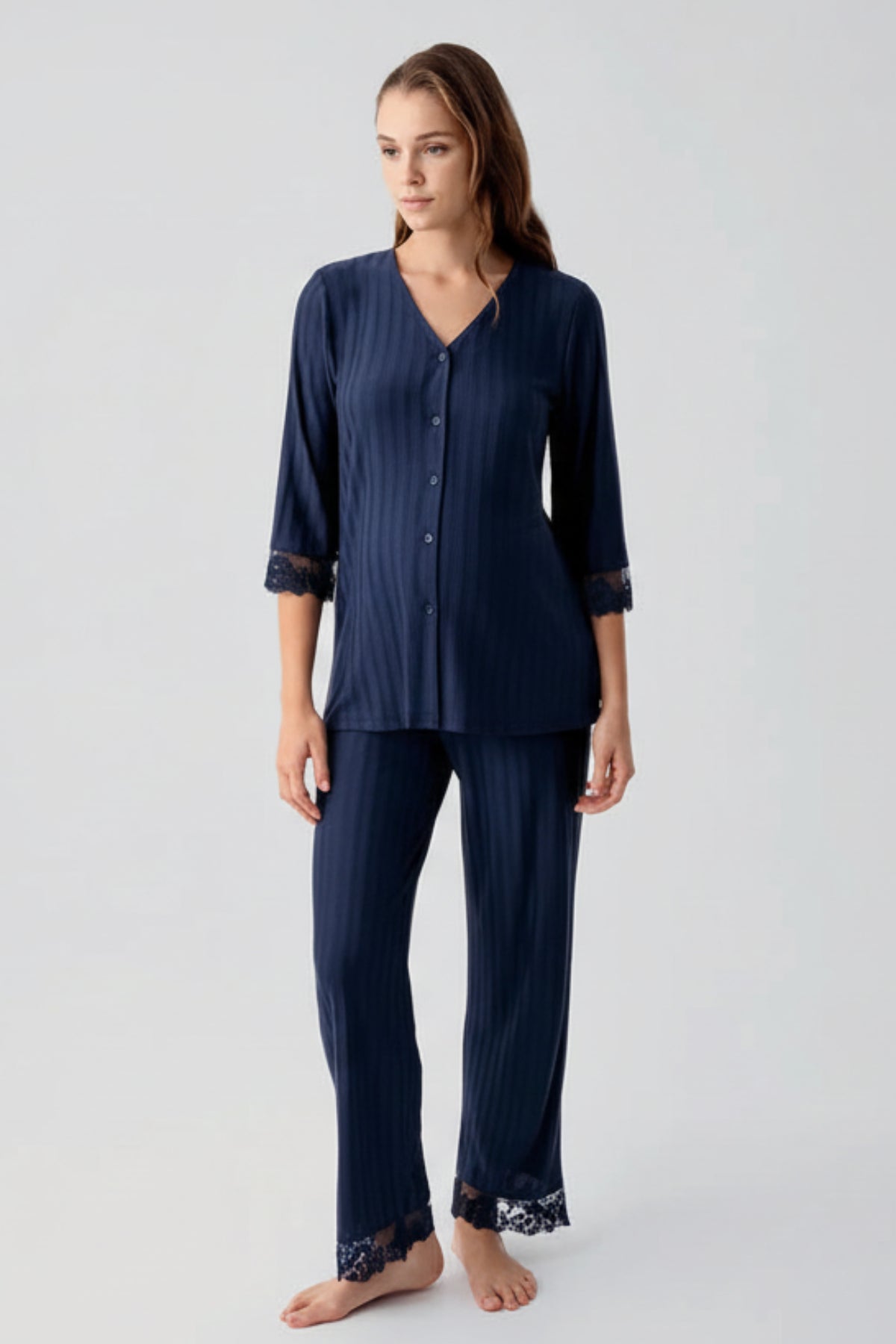 Elbow-Length Lace Sleeve Maternity & Nursing Pajama Set Navy Blue - 19207