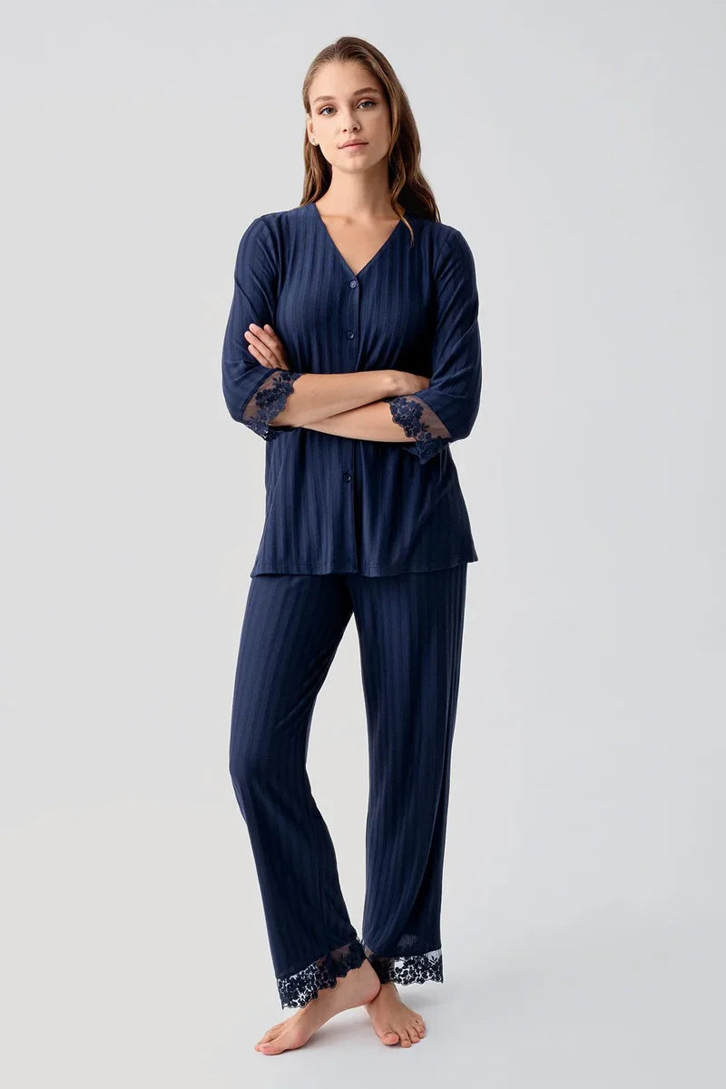 Elbow-Length Lace Sleeve Maternity & Nursing Pajama Set Navy Blue - 19207