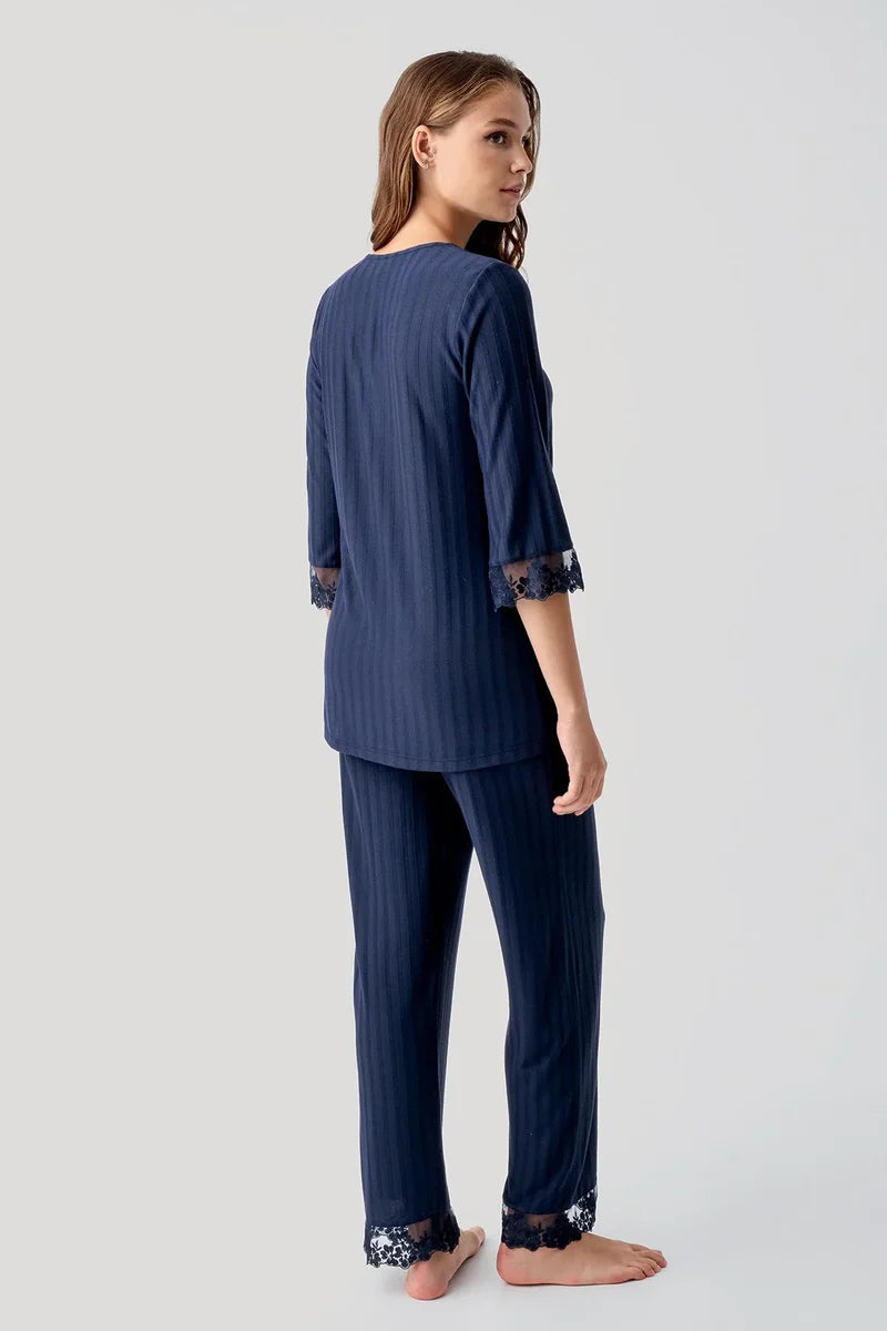 Elbow-Length Lace Sleeve Maternity & Nursing Pajama Set Navy Blue - 19207