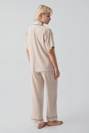 Striped Woven Cotton Maternity & Nursing Pajama Set Beige - 19208