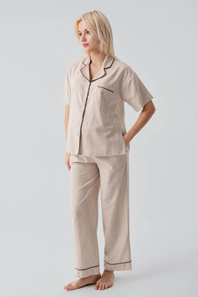 Striped Woven Cotton Maternity & Nursing Pajama Set Beige - 19208