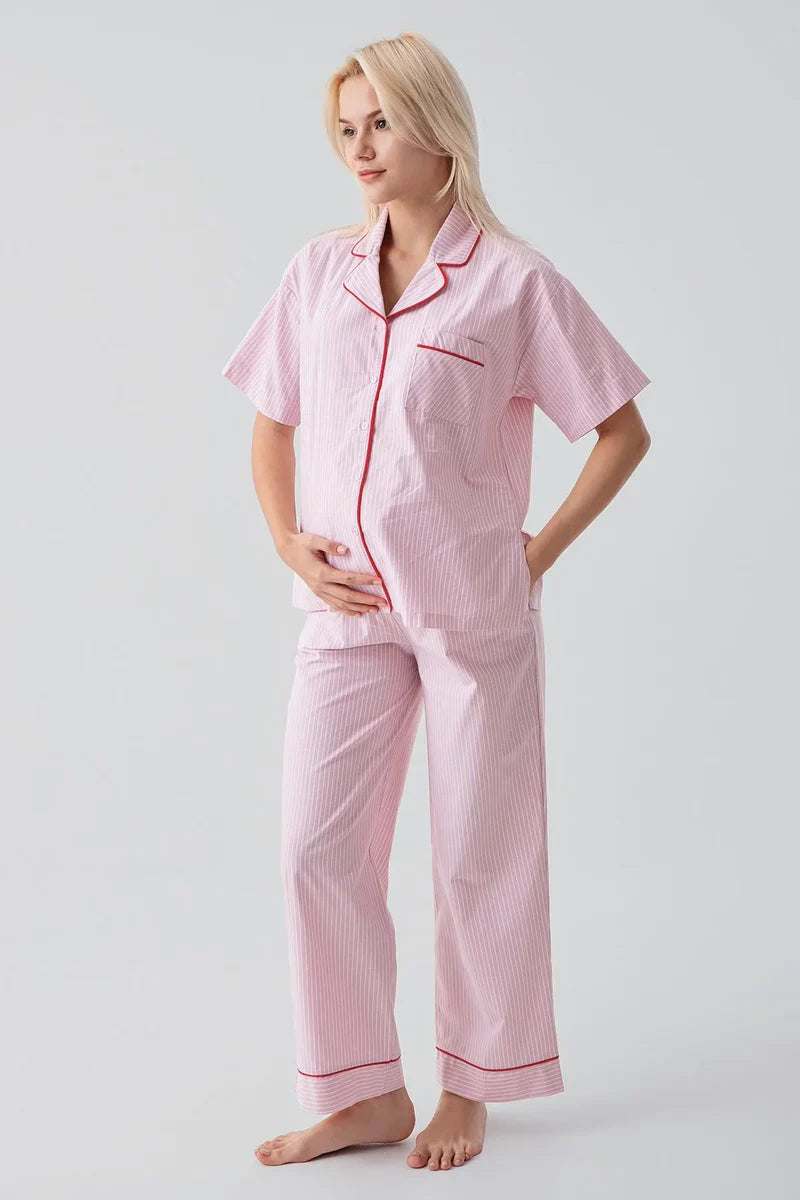 Striped Woven Cotton Maternity & Nursing Pajama Set Pink - 19208