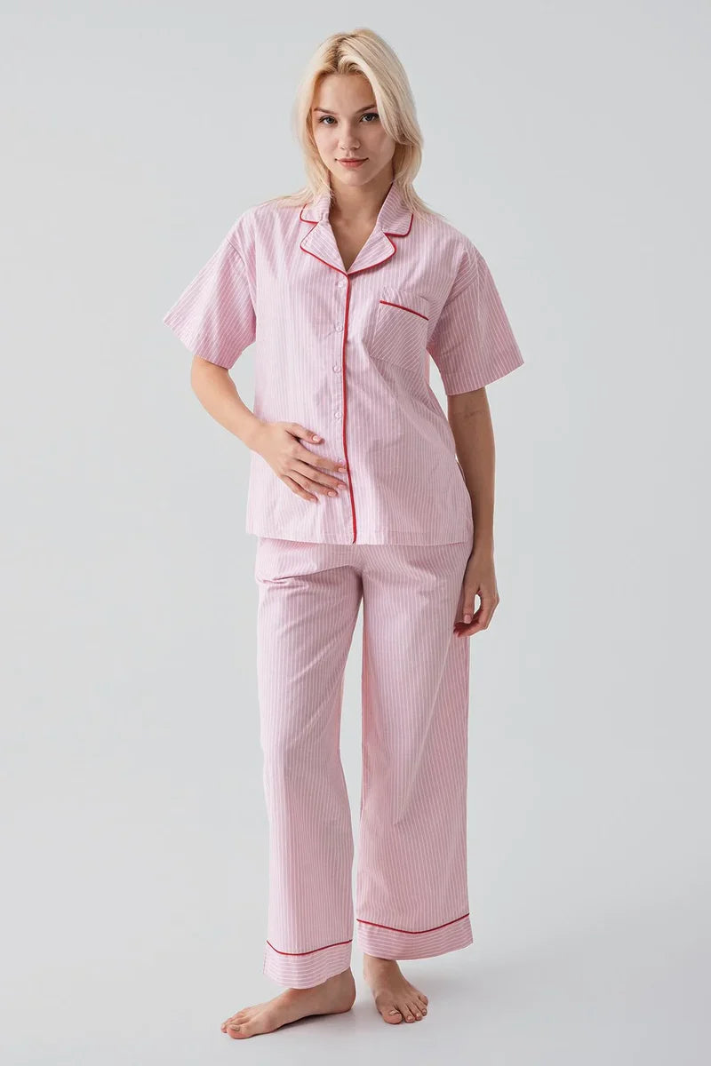 Striped Woven Cotton Maternity & Nursing Pajama Set Pink - 19208