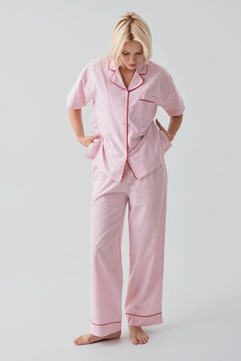 Striped Woven Cotton Maternity & Nursing Pajama Set Pink - 19208